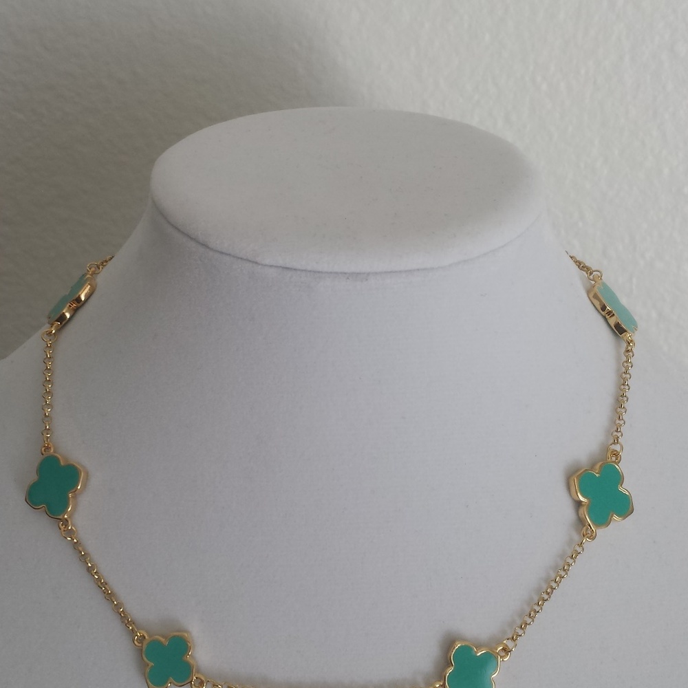 Clover Goldnacklace, Turquioes four leaf Clover, Brand New